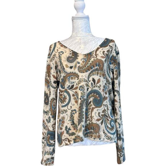 Geneva Cashmere Sweater Large Cream Blue Paisley V Neck Soft Maximalist Luxury - Picture 1 of 15